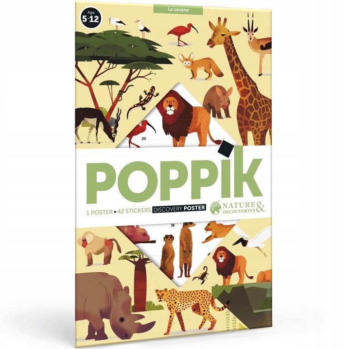 Poster educativ cu animale din savana, Poppik, 42 autocolante, 68x100cm