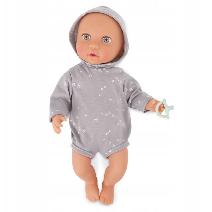 Lala LullaBaby, 35,5 cm-es babakészlet, szürke kapucnis ruha, cumi, nyitott szemek