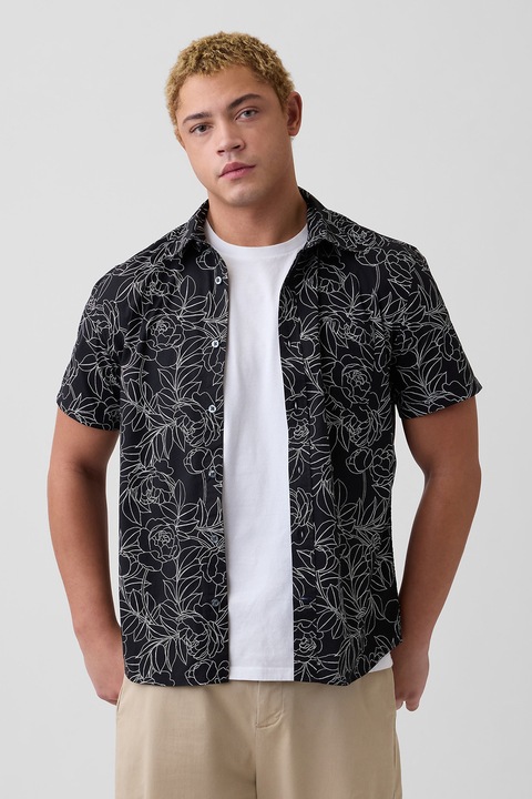 GAP, Rövid ujjú virágmintás ing, Fehér/Fekete