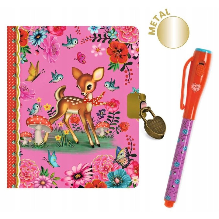 Mini jurnal Djeco cu lacat si pix magic, 10x13,5x1cm, 88 pagini, pentru fetite 3+ ani