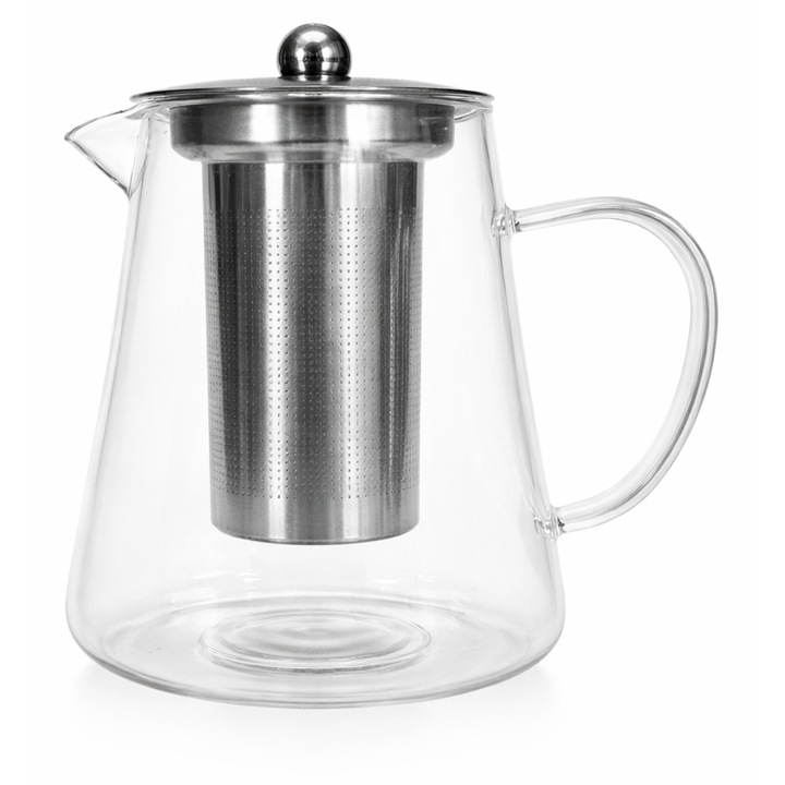 Üveg teáskanna kivehető rozsdamentes acél infúzorral, Hőálló, Kompatibilis főzőlappal és mikrohullámú sütővel, 950 ml, 13.4 x 12.4 cm, Átlátszó