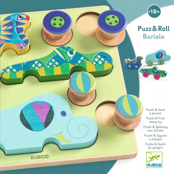 Puzzle Djeco, set cu animale din lemn, 9 piese, 21x21x2,7cm, pentru copii +18 luni