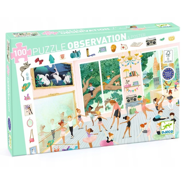 Puzzle observare - Scoala baletului, 100 elemente, Djeco, cu poster 61x38cm, pentru copii de 5 ani