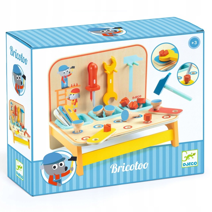 Banc de lucru pentru copii, Djeco, set unelte, suruburi, surubelnita, multicolor