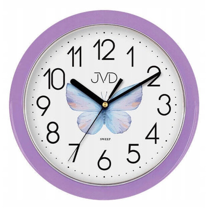 Ceas decorativ JVD, model HP612.D11, 25cm, fiolet, mecanism cich, design cu fluture