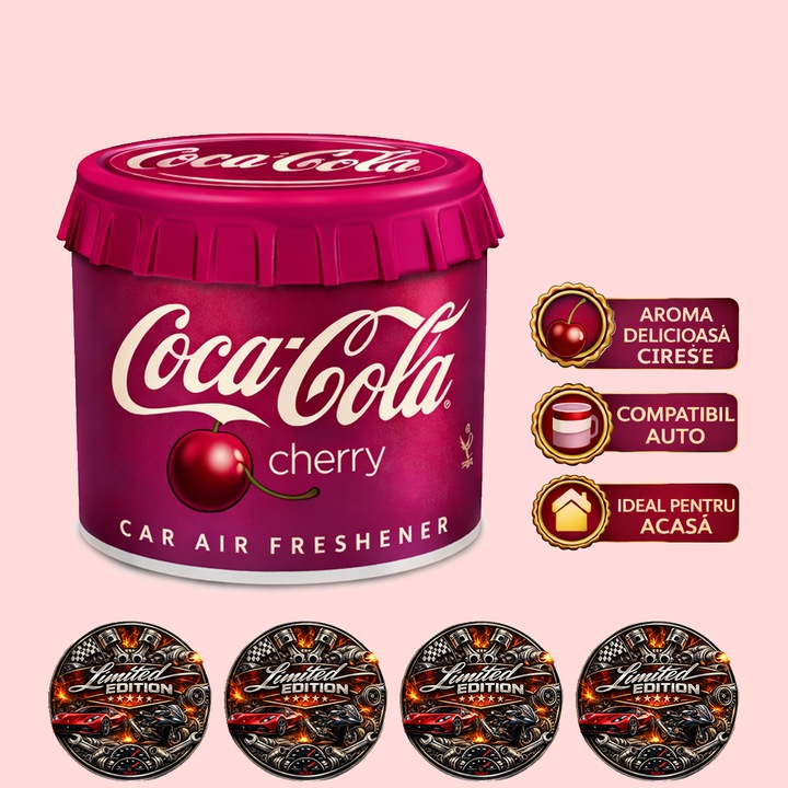 Odorizant Auto 3D Coca Cola Cherry, Tip conserva, Cupholder, Parfum Intens si Persistent, Design Realist, Vegan Friendly, ideal pentru masina birou casa, 4x Stickere auto