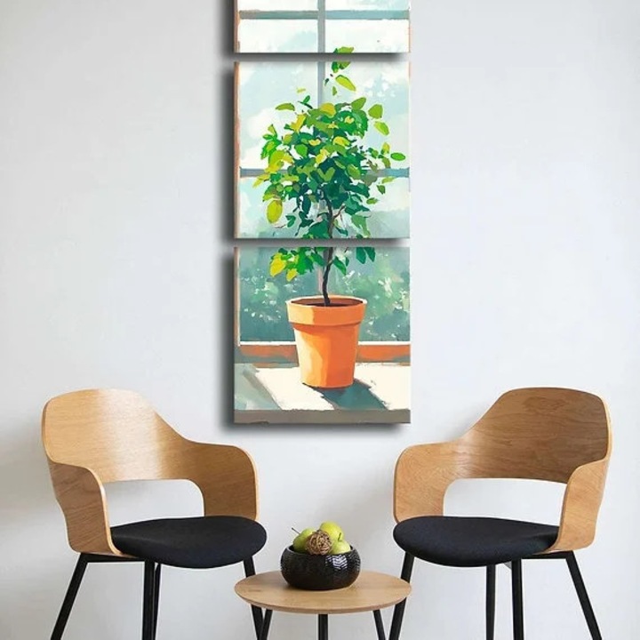 Re-Bloom dekoratív képkészlet, 3 darabos, cserepes fa mintával, vászon/fa, többszínű, 45 x 141 cm