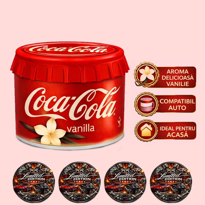 Odorizant Auto 3D Coca Cola Vanilie, Tip conserva, Cupholder, Parfum Intens si Persistent, Design Realist, Vegan Friendly, ideal pentru masina birou casa, 4x Stickere auto