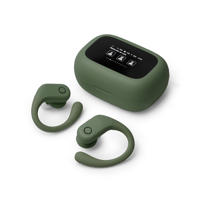 Casti wireless fabricate din ABS, rezistenta la apa, carcasa individuala de incarcare cu afisaj cu ecran tactil, declansator camera, functie de gasire a castilor si functia lanterna, buton multifunctional pe ambele casti