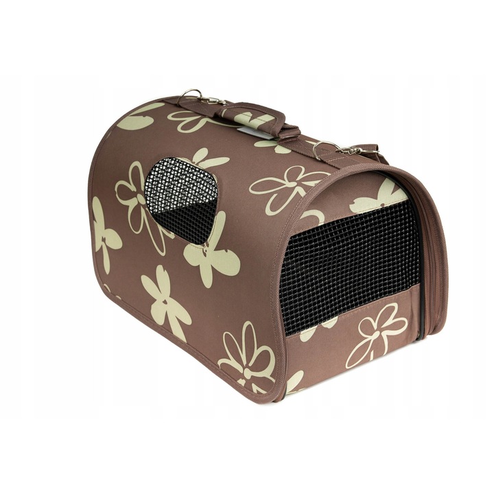 Geanta transport pentru animale, model Hilton, cu flori bej, 43x24x26cm, culoare maro