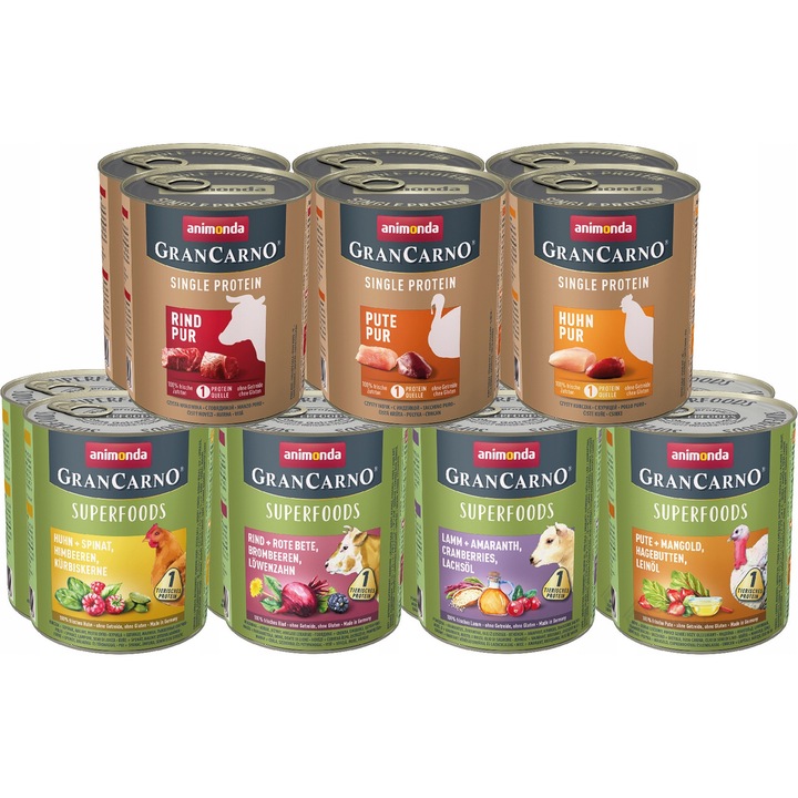 Hrana pentru caini Animonda CAINI GranCarno Superfoods + Monoproteina MIX de arome 800g x14