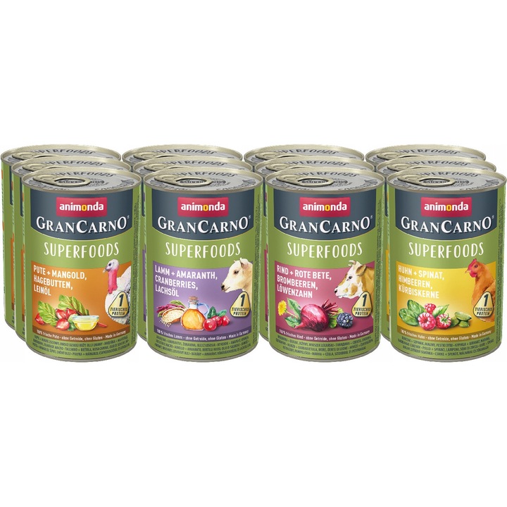Hrana pentru caini, Animonda GranCarno Superfoods, set mix 12 x 400g, 4 arome diferite, adult