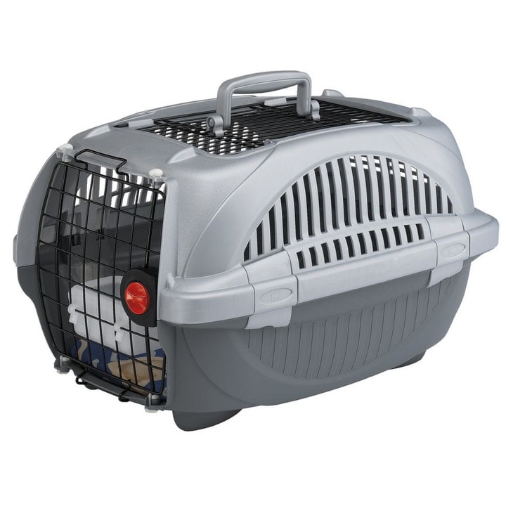 Transporter pentru animale Ferplast Atlas Deluxe 20 Open, 37,4x57,6x33cm, deschidere de sus, argintiu-gri, cu bol si perna, set