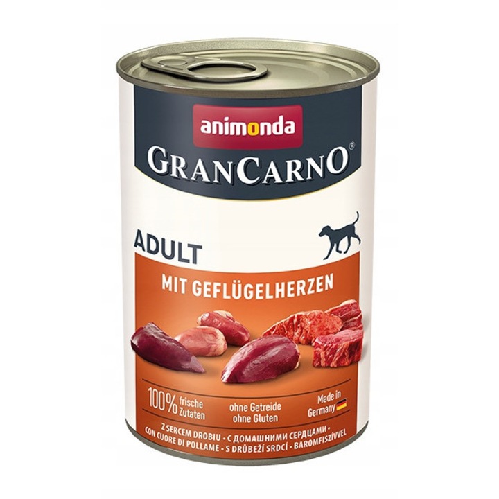 Hrana pentru caini, Animonda GranCarno, set 6x400g, carne de porc si inimi de pasare, fara cereale, 400g