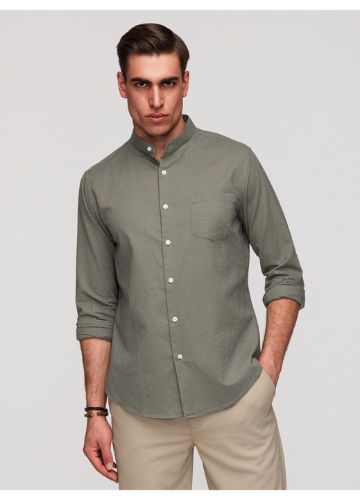 OMBRE Férfi ing Regular Fit pamutból, tunika gallérral, Khaki