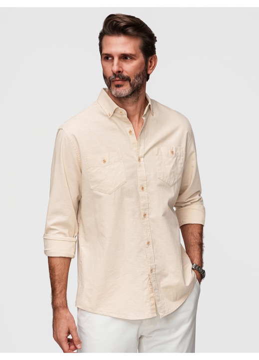 OMBRE Férfi ing pamut-len Regular Fit Hosszú ujjú zsebekkel, Krémszín