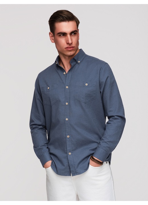 OMBRE Férfi ing pamut-len Regular Fit Hosszú ujjú zsebekkel, Sötétkék