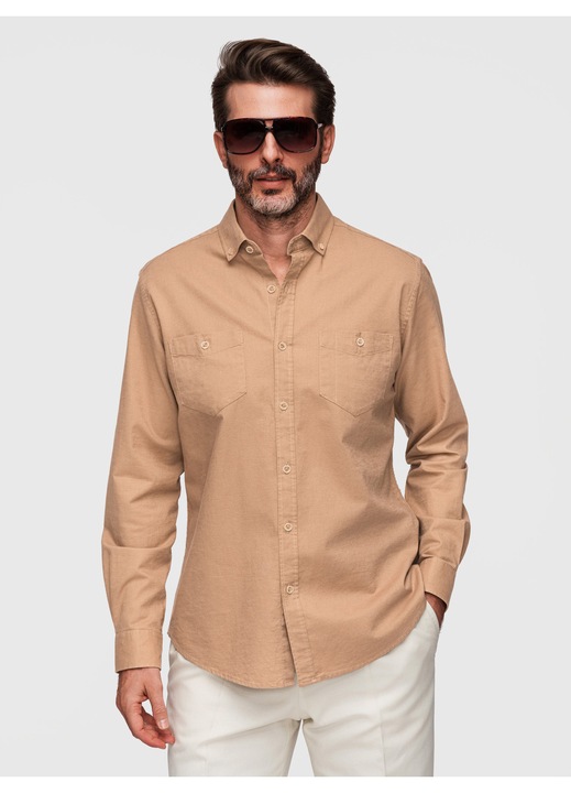 OMBRE Férfi ing pamut-len Regular Fit Hosszú ujjú zsebekkel, Barna