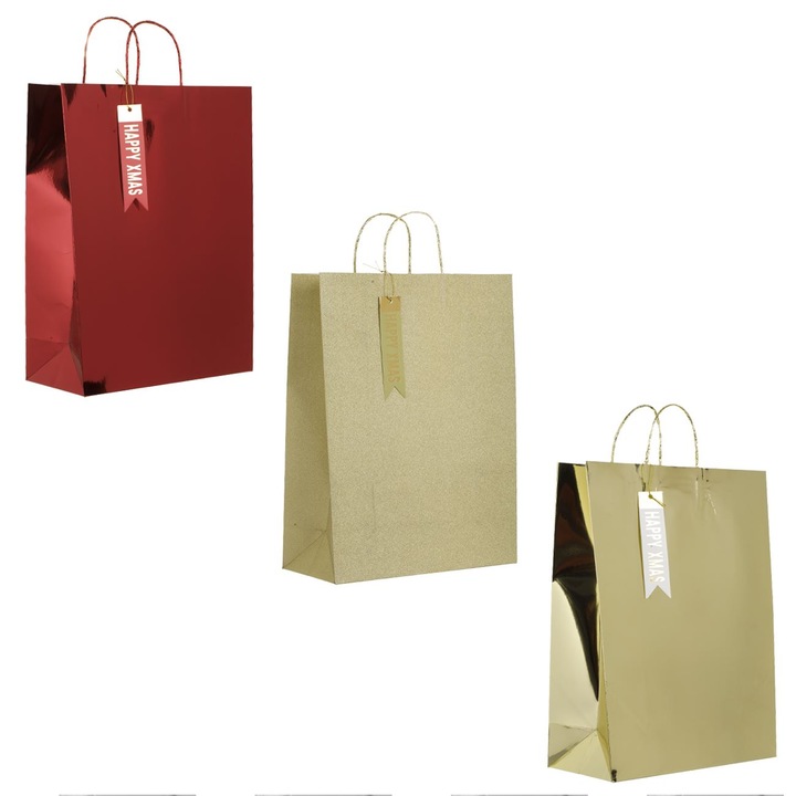 Set de 3 pungi cadou de Crăciun roșii și aurii