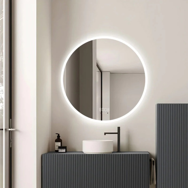 70×70 cm-es LED-es tükör, Prémium mozgásérzékelő – 3 fényfajta, dimmelhető, óra és hőmérséklet, páramentesítés