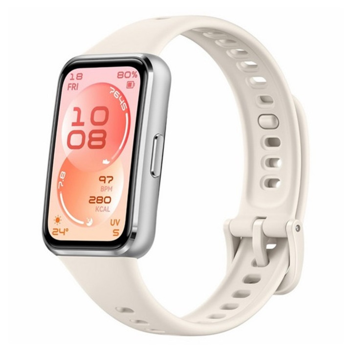 Huawei Band 11 смарт гривна, алуминиева рамка, проследяване на активност, измерване на пулс, известия за обаждания, водоустойчива, силиконова каишка, бяла