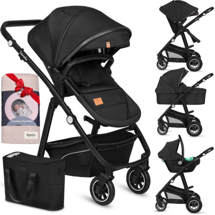 Carucior 3 in 1, Lionelo, Bianka, Transformabil, Cadru aluminiu, Cu landou si salteluta moale, Cu scoica auto, Cu multiple accesorii, Sustine 22 kg, 0 luni+, EN1466:2014+AC:2015, EN1888, Negru
