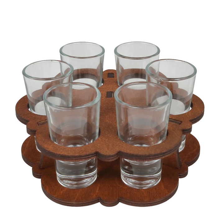 Set 6 Pahare pentru Tuica sau Shot-uri, 50 ml, cu Suport Circular din Lemn, Design Floral, 15 cm