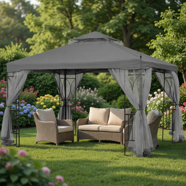 Foisor De Gradina, TOPSCAUNE®, 3.05x3.05 m, Foisor Exterior Cu Cadru Din Otel, Pavilion Cu Plasa Tantari Si Acoperis Dublu Ventilat, Foisor Pentru Curte Terasa Gazon, Structura Solida Rezistenta, Protectie UV si Intemperii, Design Elegant Premium, Gri