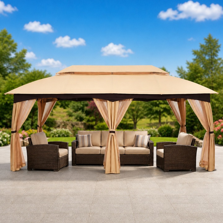 Foisor De Gradina, TOPSCAUNE®, 3.05x6.10 m, Foisor Exterior Cu Cadru Din Otel, Pavilion Cu Plasa Tantari Si Acoperis Dublu Ventilat, Foisor Pentru Curte Terasa Gazon, Structura Solida Rezistenta, Protectie UV si Impermeabila, Design Elegant Premium, Bej