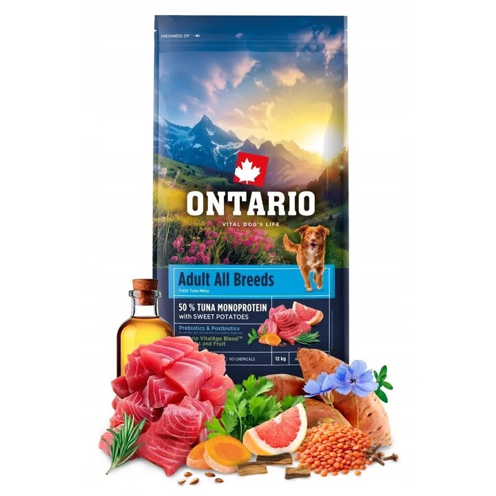 Hrana pentru caini, Ontario, monoprotein, ton, cartofi dulci, 12kg