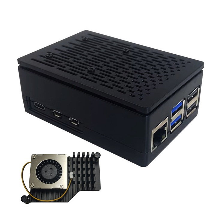 Raspberry Pi 5 ház ventilátorral, Duueyct, ABS, aktív hűtés, fekete, 8GB/4GB