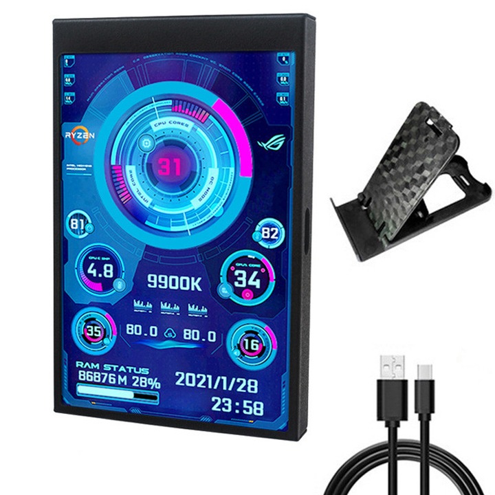 Rqiurpn 3,5 hüvelykes képernyő, LCD IPS, fekete, PC paraméterek monitorozása, USB