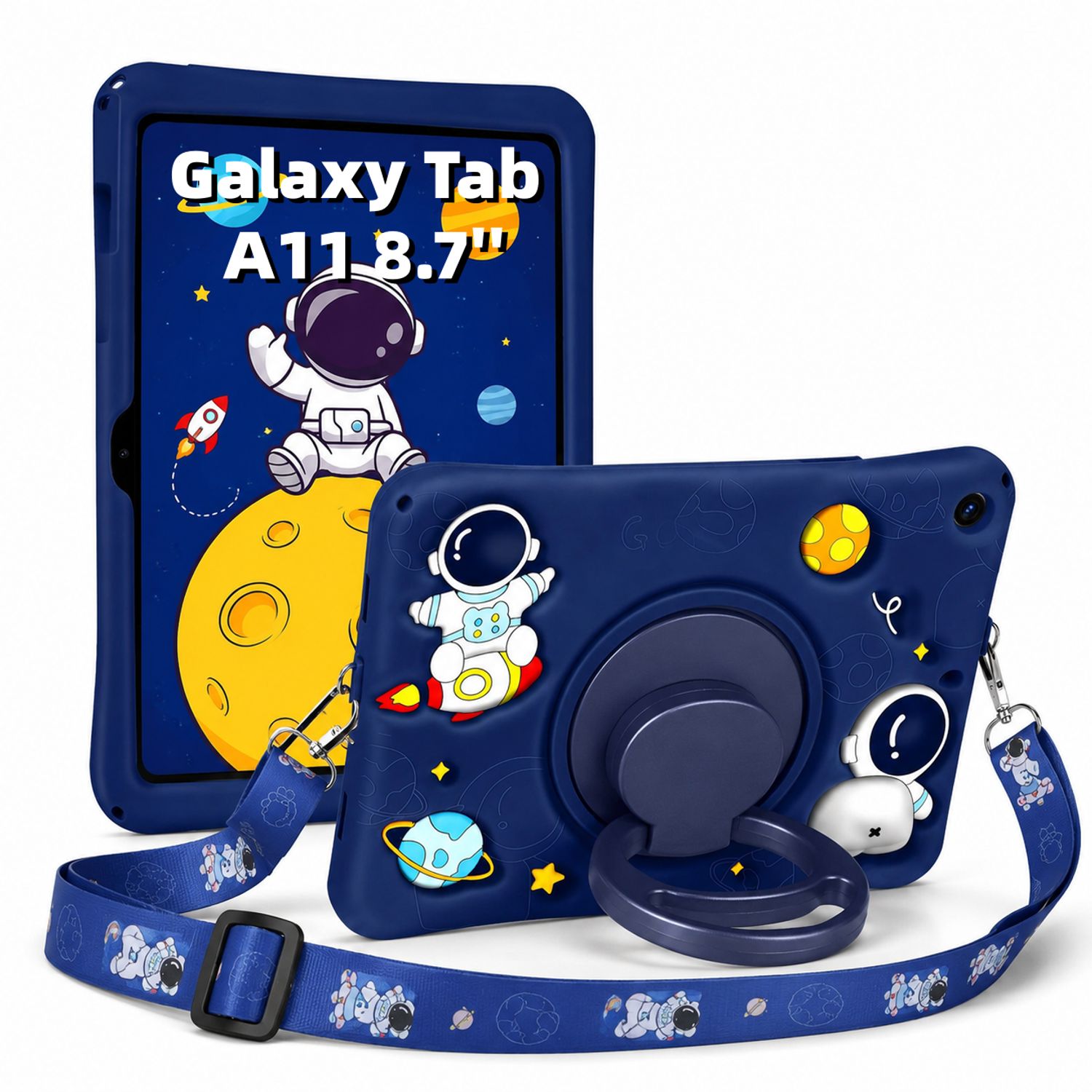 Husa pentru Samsung Galaxy Tab A11 8.7 inch 2025, Exclusiv pentru 8.7 inch, Nu este compatibila cu 11 inch, Silicon Moale pentru Copii, Suport Rotativ 360° cu Functie Stand, Model Astronaut, Albastru Inchis