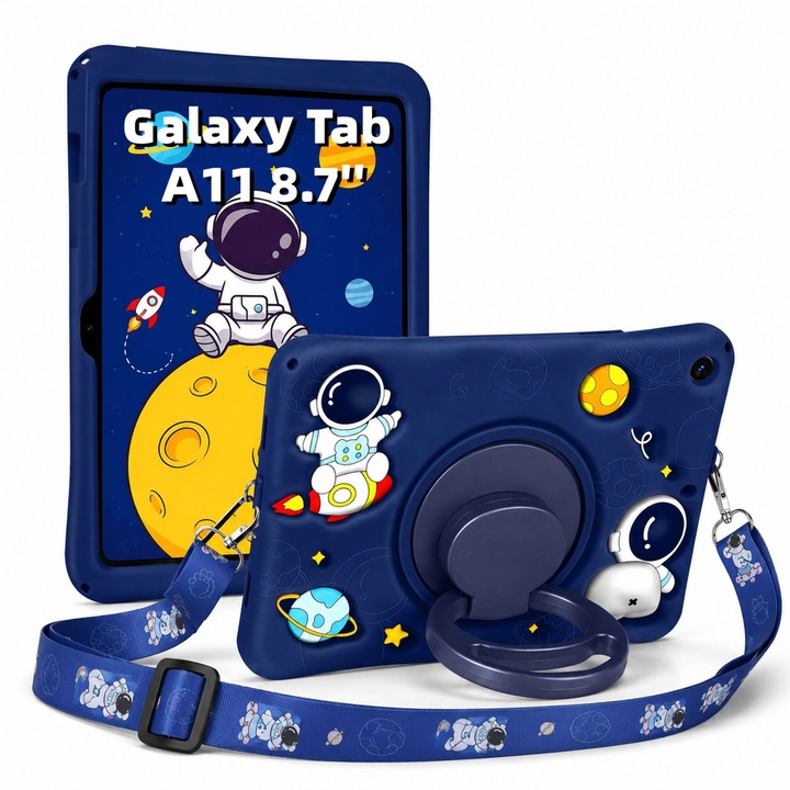 Husa pentru Samsung Galaxy Tab A11 8.7 inch 2025, Exclusiv pentru 8.7 inch, Nu este compatibila cu 11 inch, Silicon Moale pentru Copii, Suport Rotativ 360° cu Functie Stand, Model Astronaut, Albastru Inchis