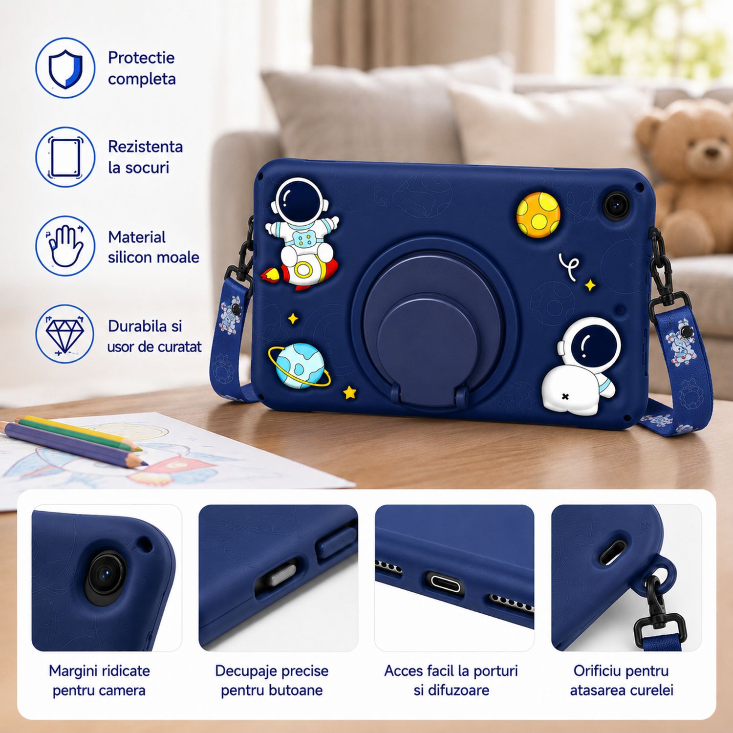 Husa pentru Samsung Galaxy Tab A11 8.7 inch 2025, Exclusiv pentru 8.7 inch, Nu este compatibila cu 11 inch, Silicon Moale pentru Copii, Suport Rotativ 360° cu Functie Stand, Model Astronaut, Albastru Inchis