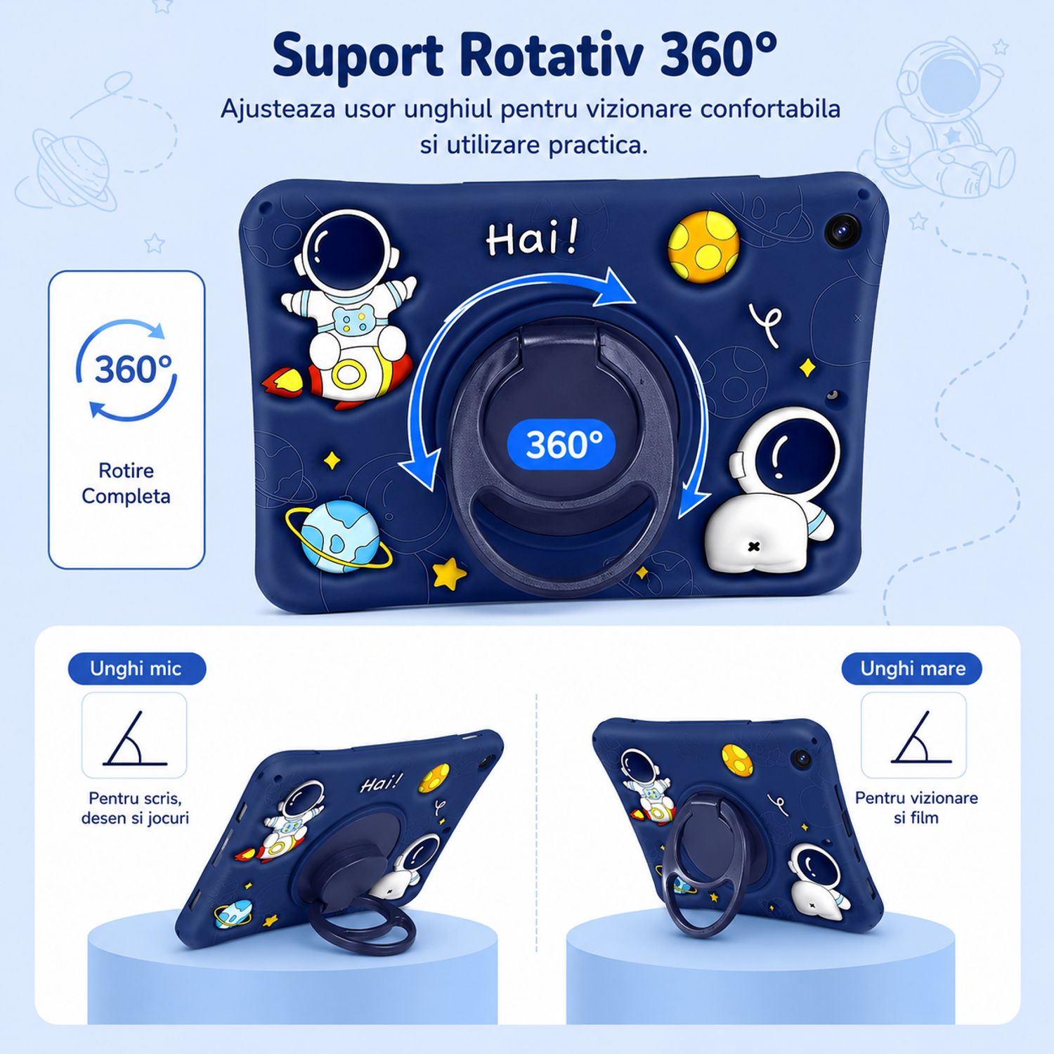Husa pentru Samsung Galaxy Tab A11 8.7 inch 2025, Exclusiv pentru 8.7 inch, Nu este compatibila cu 11 inch, Silicon Moale pentru Copii, Suport Rotativ 360° cu Functie Stand, Model Astronaut, Albastru Inchis
