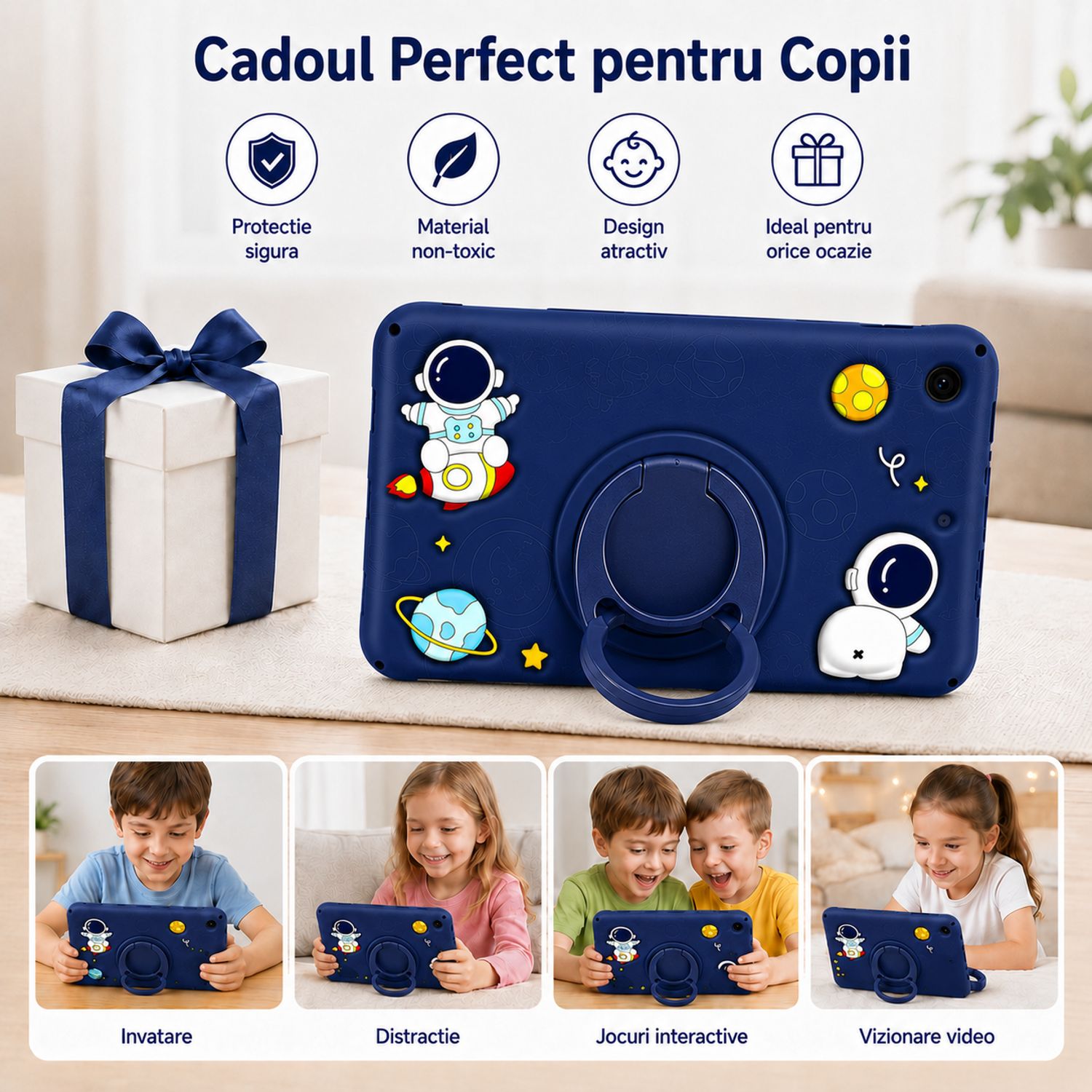 Husa pentru Samsung Galaxy Tab A11 8.7 inch 2025, Exclusiv pentru 8.7 inch, Nu este compatibila cu 11 inch, Silicon Moale pentru Copii, Suport Rotativ 360° cu Functie Stand, Model Astronaut, Albastru Inchis