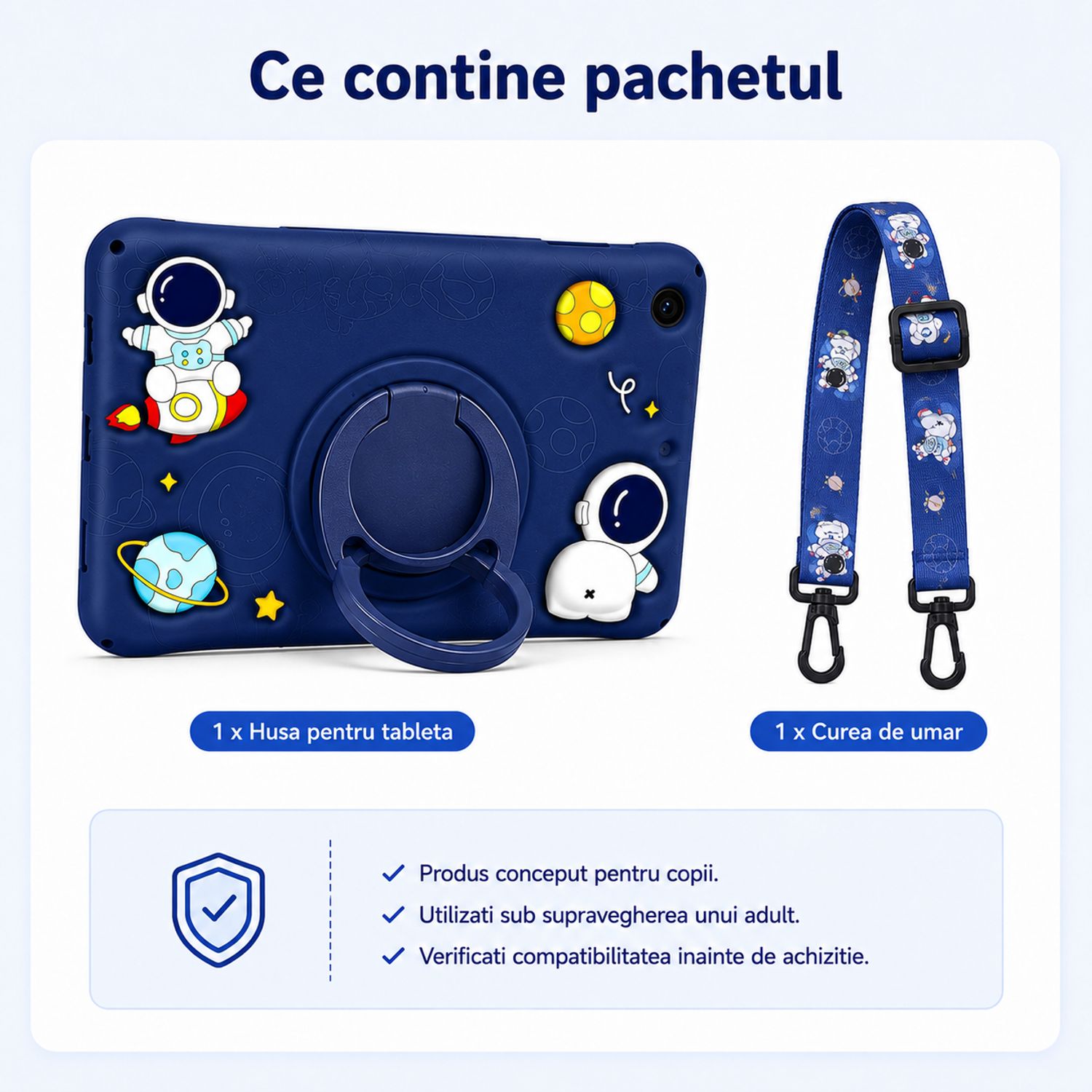 Husa pentru Samsung Galaxy Tab A11 8.7 inch 2025, Exclusiv pentru 8.7 inch, Nu este compatibila cu 11 inch, Silicon Moale pentru Copii, Suport Rotativ 360° cu Functie Stand, Model Astronaut, Albastru Inchis