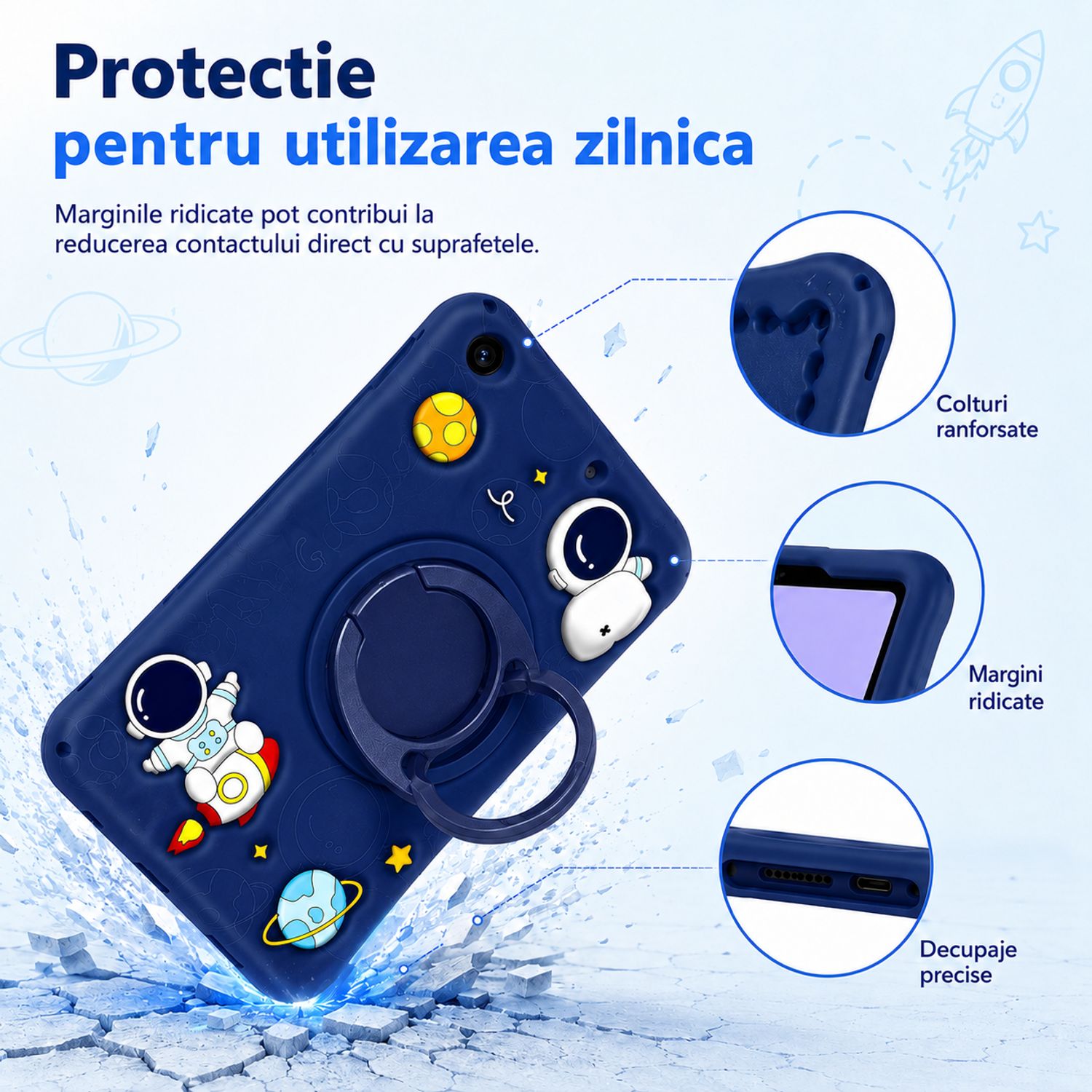 Husa pentru Samsung Galaxy Tab A11 8.7 inch 2025, Exclusiv pentru 8.7 inch, Nu este compatibila cu 11 inch, Silicon Moale pentru Copii, Suport Rotativ 360° cu Functie Stand, Model Astronaut, Albastru Inchis