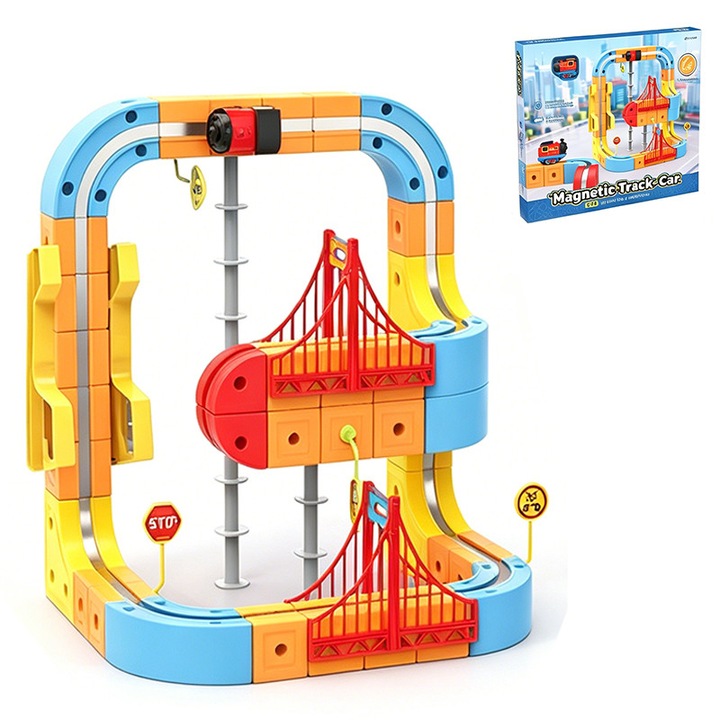 Set Pista de Tren Magnetica DIY 3D, NAXSIR, 84 PCS, Blocuri de Constructie Educative STEM cu Pante, Bucle si Poduri, 3-8 ani
