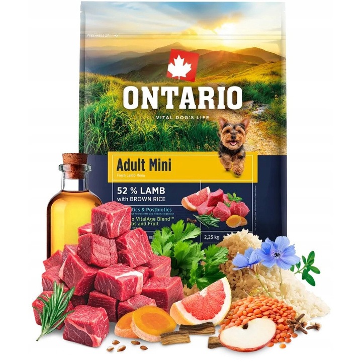Hrana pentru caini, Ontario, 2,25kg, cu miel si orez brun, pentru rase mici, digestie usoara, energie stabila