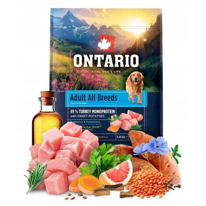 Hrana pentru caini, Ontario, monoprotein, curcan, cartofi dulci, 2,25kg