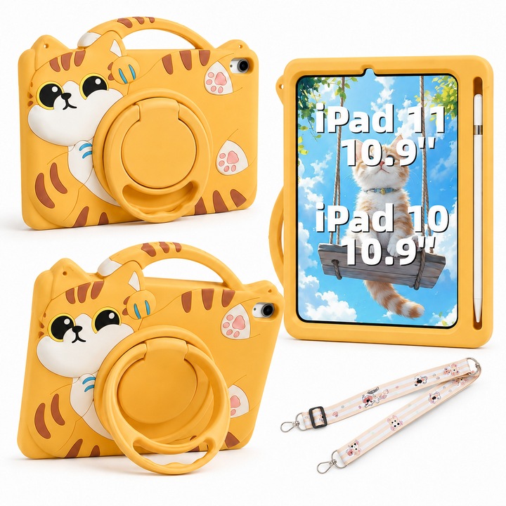 Husa pentru Apple iPad 11 2025 si iPad 10 2022, 10.9 Inch, Silicon Moale pentru Copii, Suport Rotativ 360 Grade, Functie Stand, Slot pentru Creion, Curea de Umar Reglabila si Detasabila, Protectie Anti-Soc, Galben