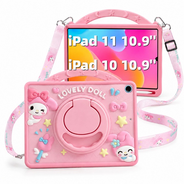 Husa pentru Apple iPad 11 2025 si iPad 10 2022 10.9 Inch, Silicon Moale pentru Copii, Suport Rotativ 360 Grade, Functie Stand, Slot pentru Creion, Curea de Umar Reglabila si Detasabila, Protectie Anti-Soc, Roz