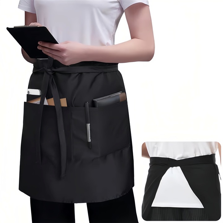 Sort de Bucatarie Jumatate Cu 3 Buzunare, Impermeabil si Rezistent la Ulei, Material Poliester, 85x55 cm, Potrivit pentru Casa, Gradina, BBQ, Barman, ospatar