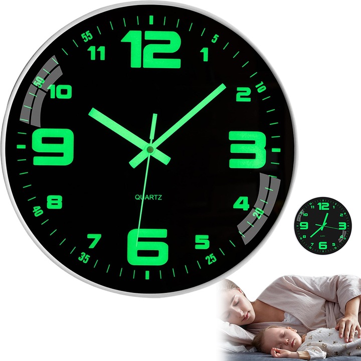 Ceas de Perete 12 inch, Juksun, cu Maini si Numere Luminiscente, Negru, Silentios