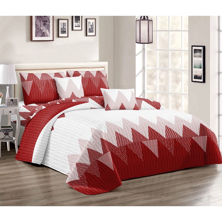 Cuvertura Pat Bumbac Superior 3 Piese Rosu 220x240 CM 2 Fete Perna 50x70 Set Elegant Dormitor