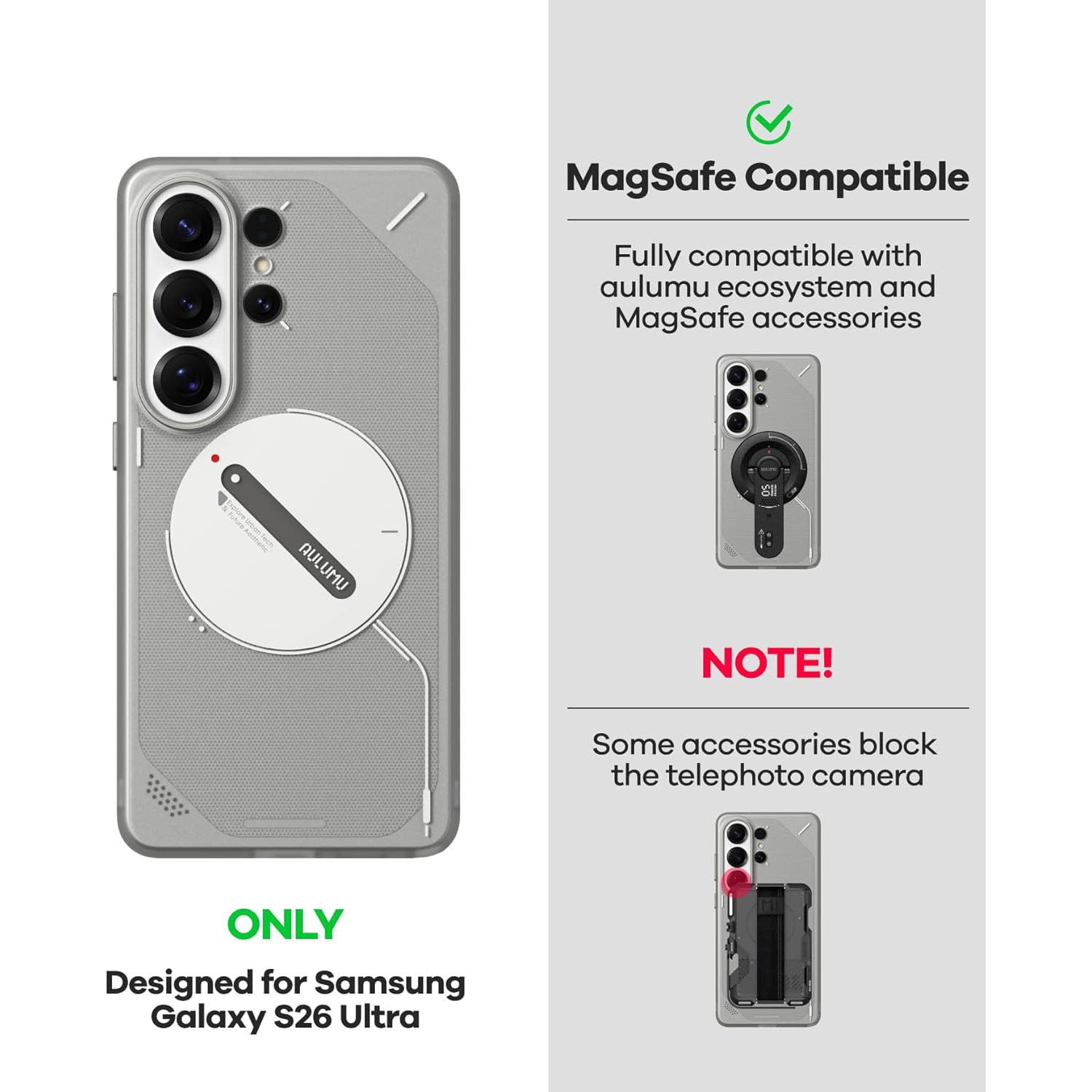 Husa pentru Samsung S26 Ultra, Aulumu Frosted, TPU rezistent, Compatibila MagSafe, Efect fosforescent, Protectie Camera, Butoane aluminiu, Racire activa CoolHyper, Protectie premium, Gri/Transparent