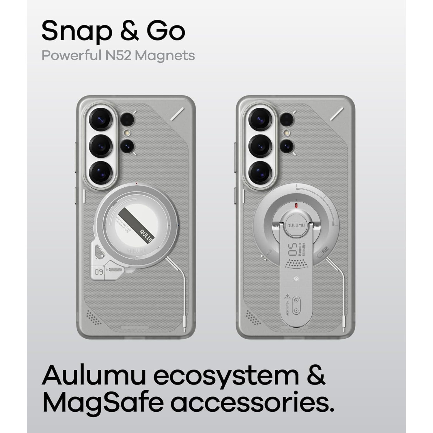 Husa pentru Samsung S26 Ultra, Aulumu Frosted, TPU rezistent, Compatibila MagSafe, Efect fosforescent, Protectie Camera, Butoane aluminiu, Racire activa CoolHyper, Protectie premium, Gri/Transparent