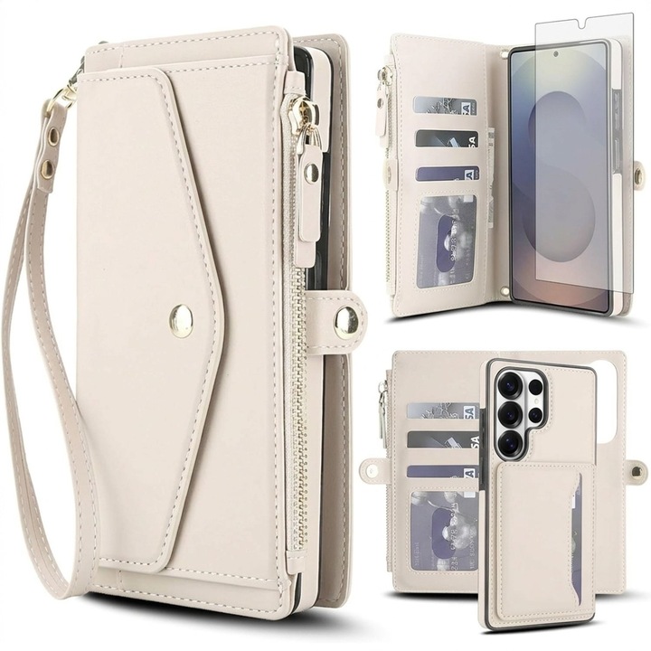 Tok Samsung Galaxy S26 Ultra készülékhez, MagSafe, RFID-védett pénztárca, Képernyővédő fólia mellékelve, Állítható Crossbody zsinór, Törtfehér